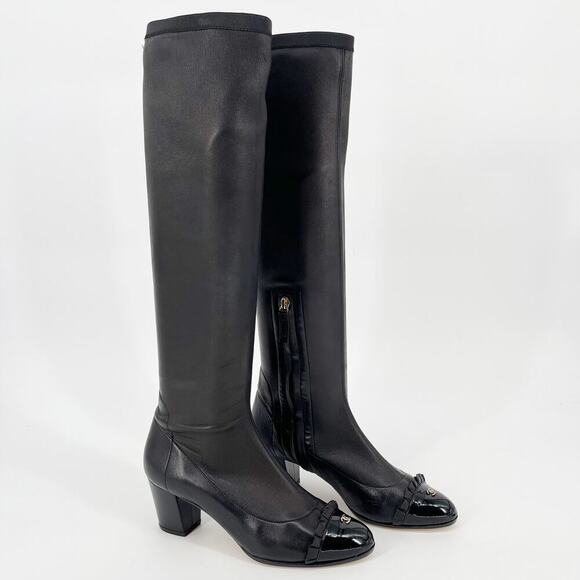 Chanel Black Leather 2010 Interlocking CC Ruffle Cap Toe Stretch Boot EU 36.5 - Picture 1 of 13
